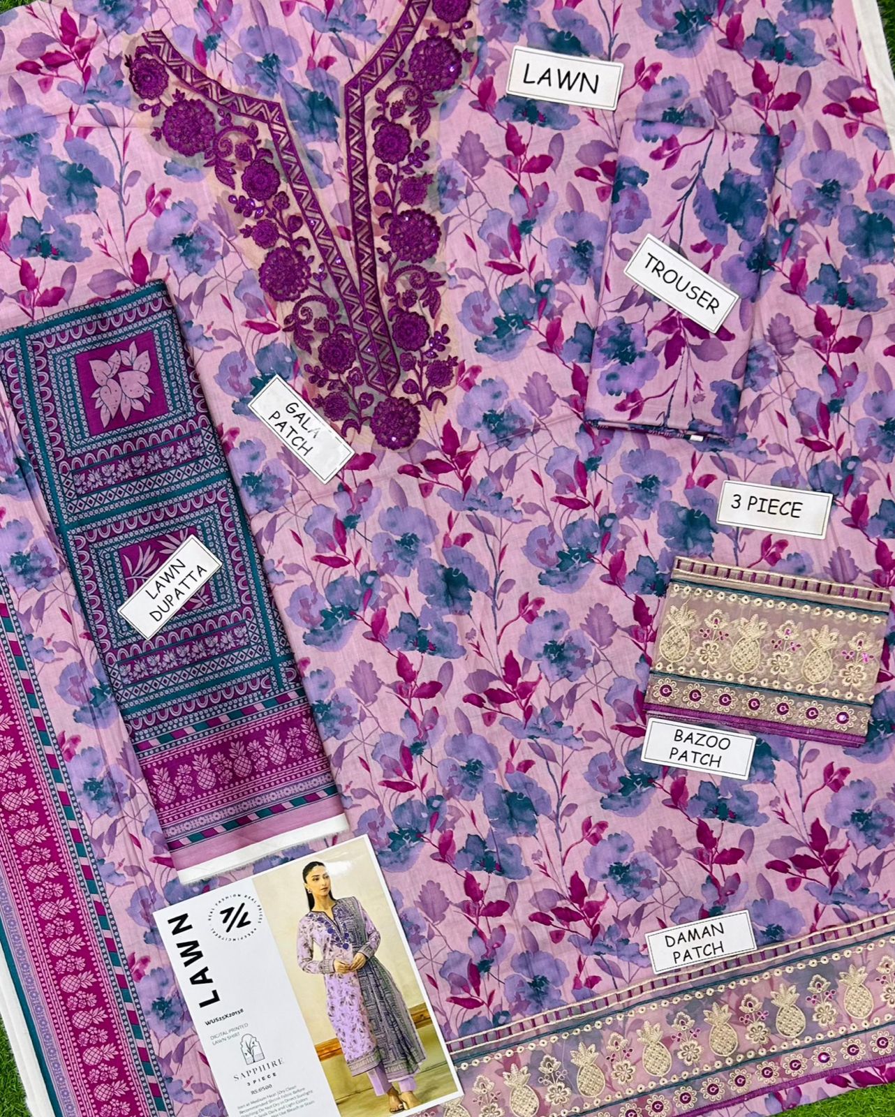 3PC Digital Print with Embroidered Patches Unstitched