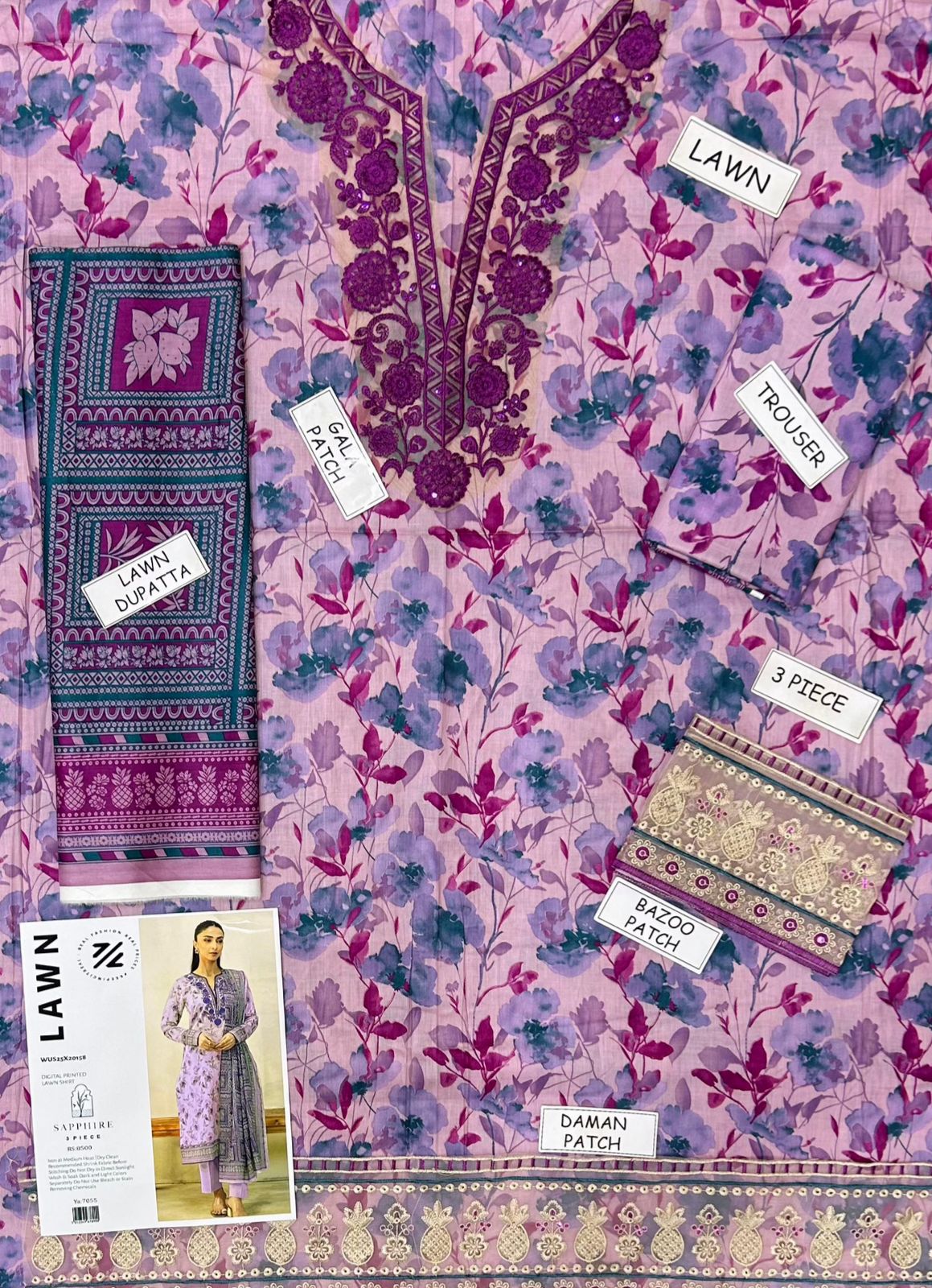 3PC Digital Print with Embroidered Patches Unstitched