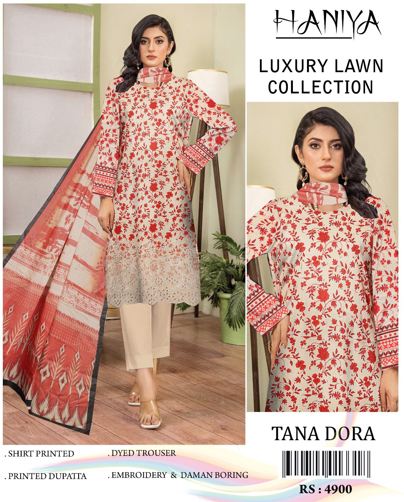 3PC Digital Print Embroidery & Daman Boring Unstitched