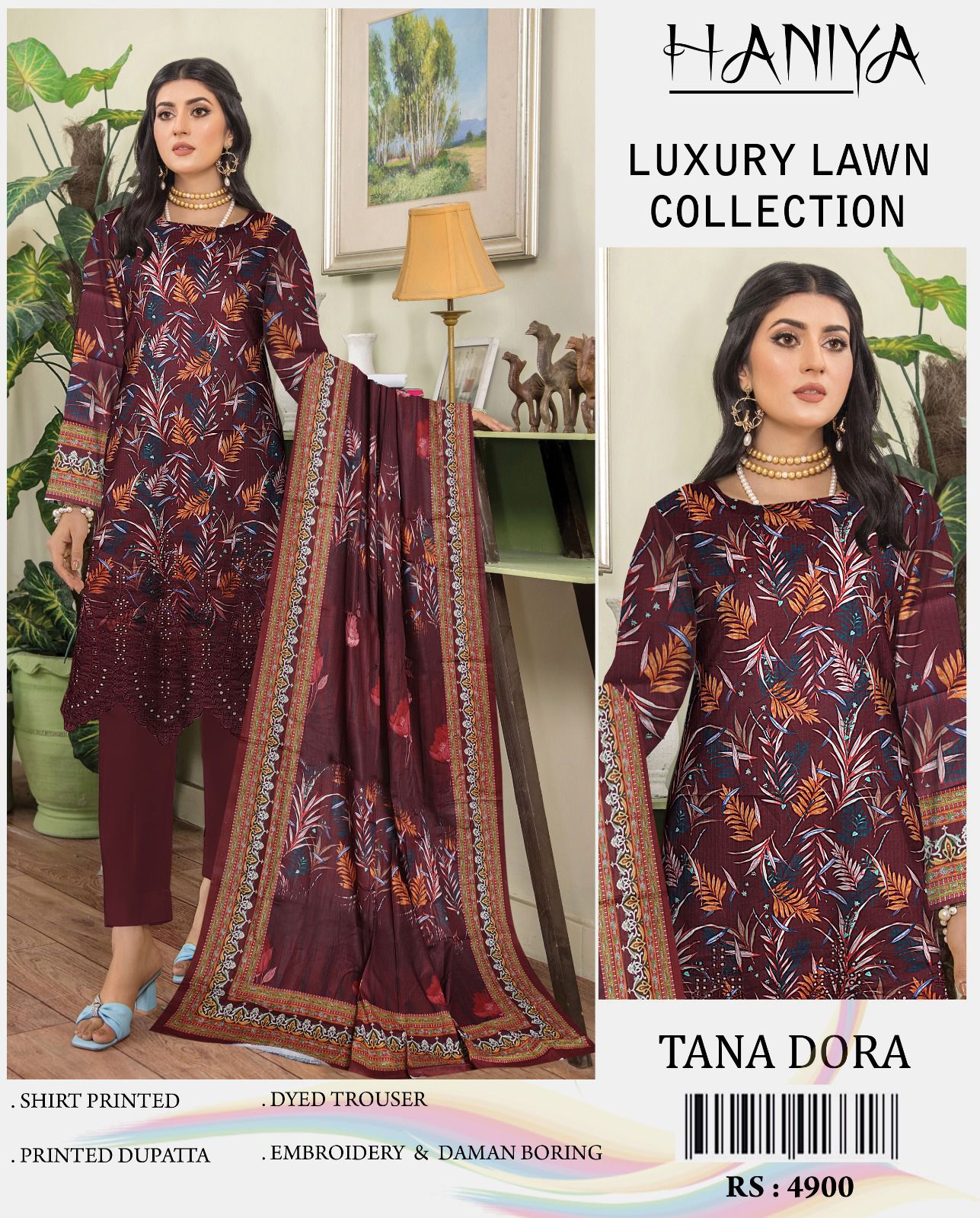 3PC Digital Print Embroidery & Daman Boring Unstitched