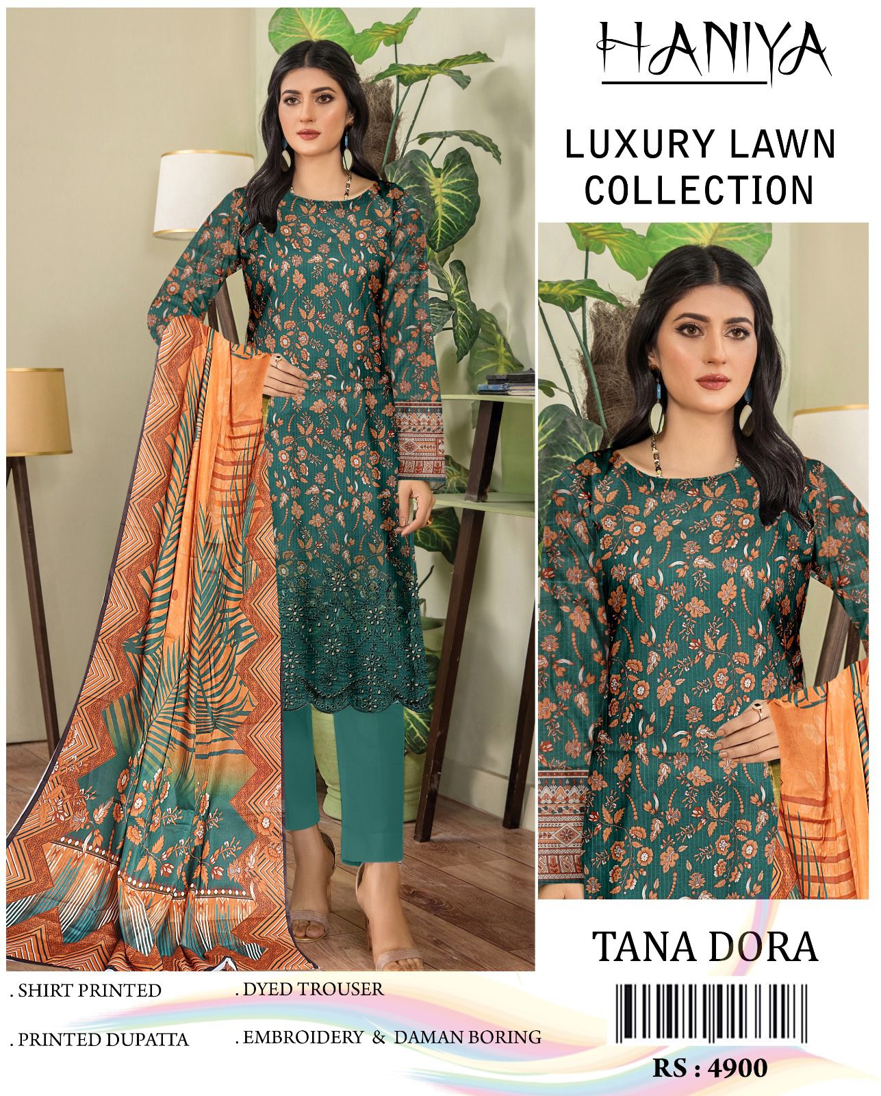 3PC Digital Print Embroidery & Daman Boring Unstitched