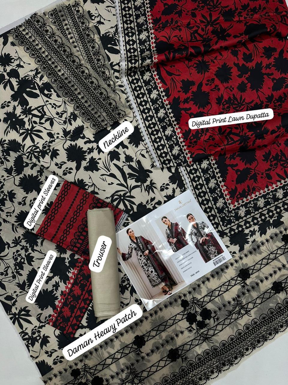 3PC Lawn Digital Print Organza Embroidered Patches