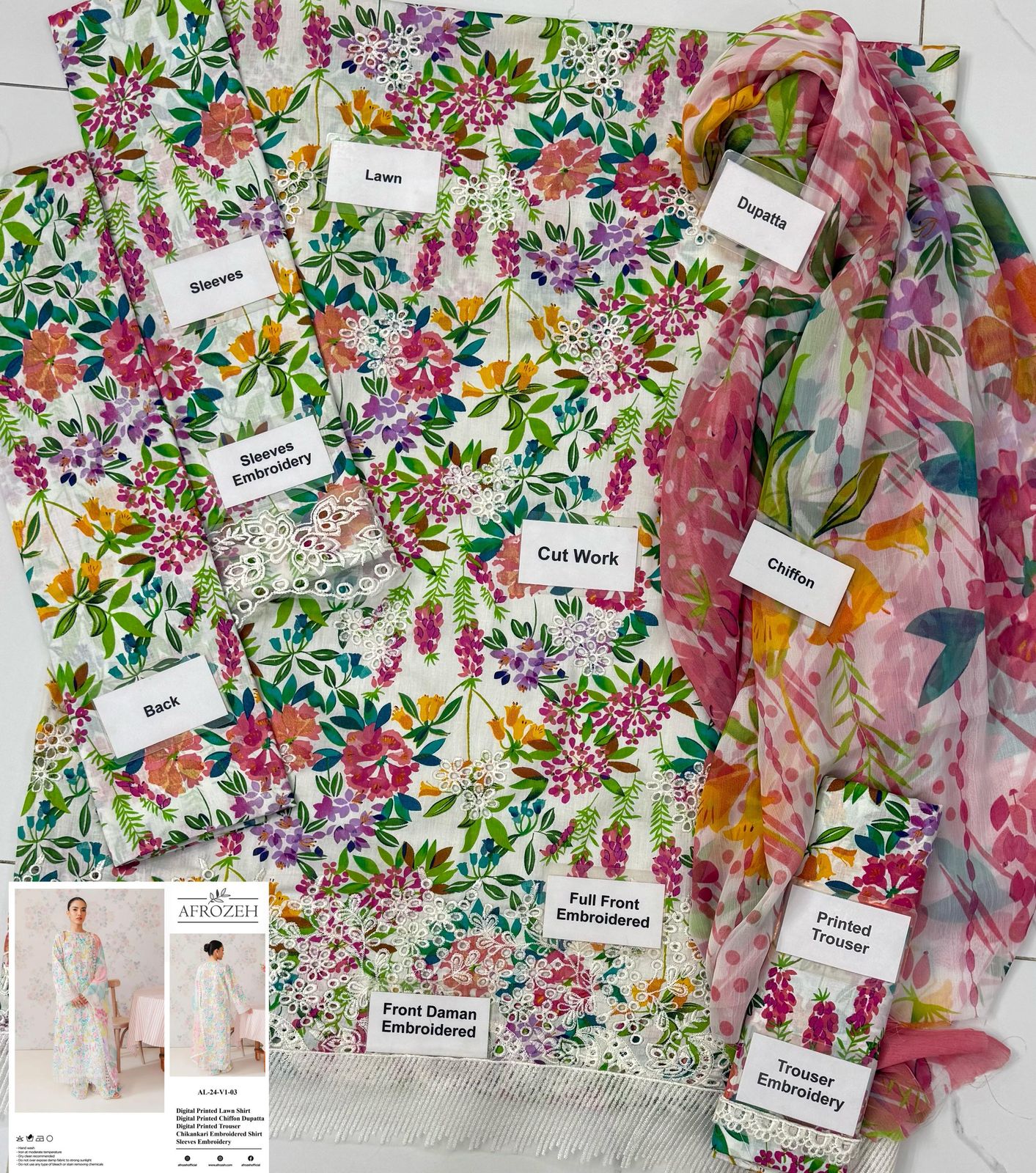 3PC Embroidered with Printed Trouser & Chiffon Dupatta
