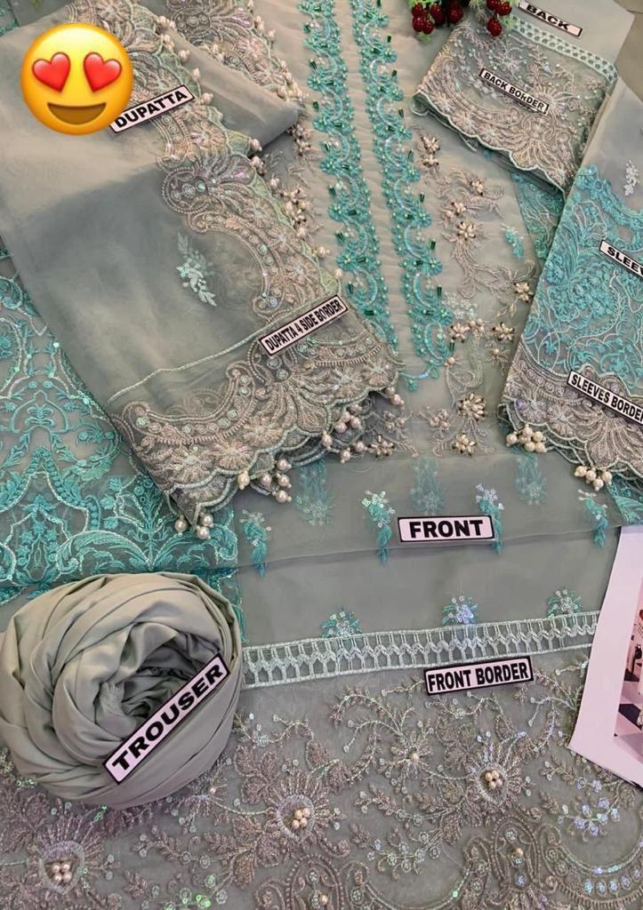 3PC Organza Shirt Dupatta & Malai Trouser Embroidered