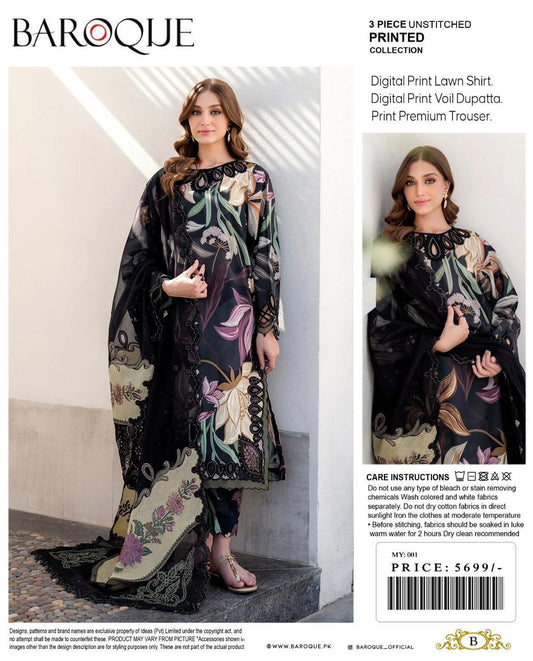 3PC Digital Print with Organza Embroidered Patches