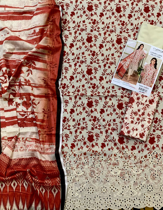 3PC Digital Print Embroidery & Daman Boring Unstitched