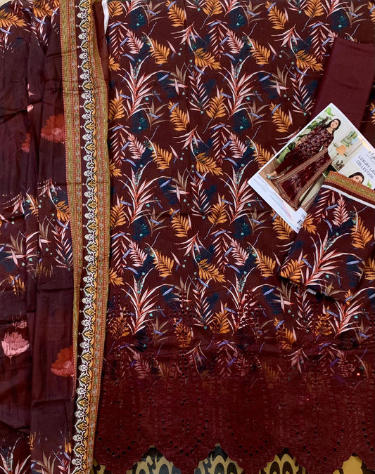 3PC Digital Print Embroidery & Daman Boring Unstitched