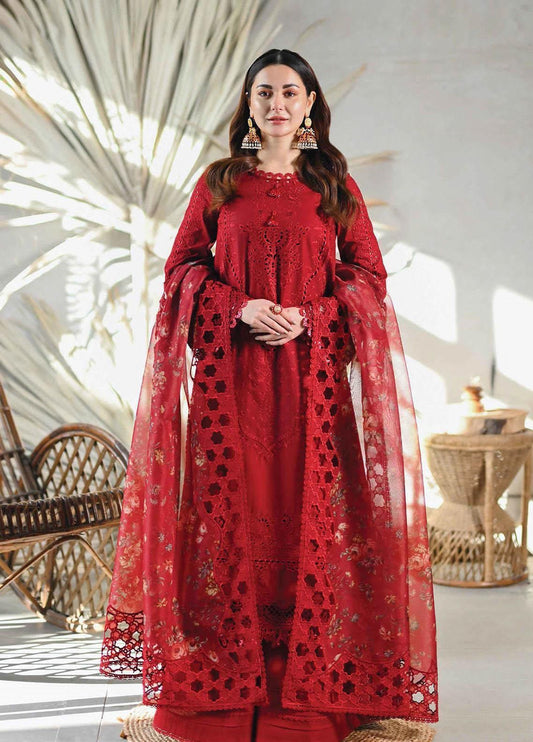 3PC Cotton & Organza Embroidered Unstitch
